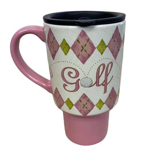 Lang Golf On The Go Ceramic Pink Argyle Coffee Mug - Picture 1 of 13